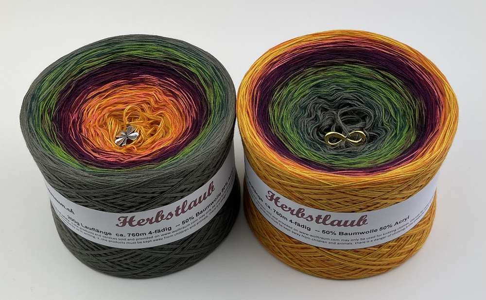 The Wolltraum My Melodyy yarn colourway Autumn Leaves.  It includes warm fall colours of orange, purple, and green.