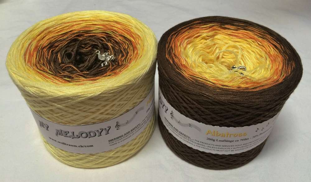 The Wolltraum My Melodyy yarn colourway Albatross. It goes from yellow, to orange, to brown.