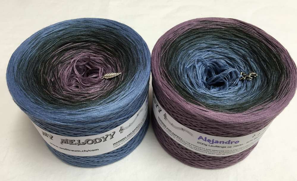 The Wolltraum My Melodyy yarn colourway Alehandro.  Blue, black, and purple gradient yarn.