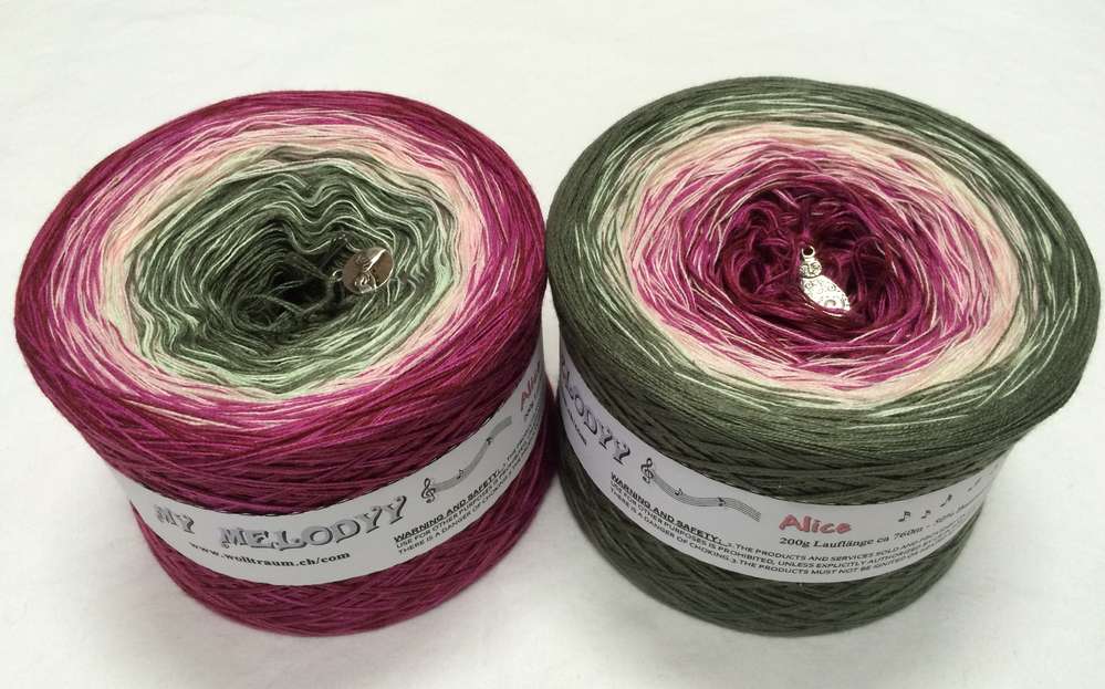 The Wolltraum My Melodyy yarn colourway Alice. The colourway goes from green, to light yellow to a deep red.