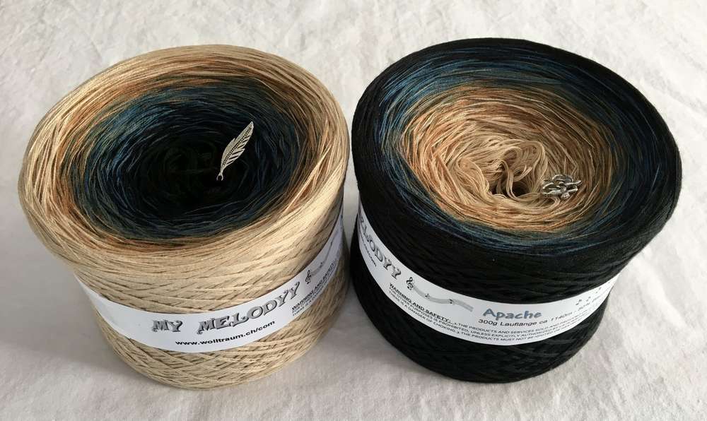 The Wolltraum My Melodyy single colour yarn Apache.  It includes beige, blue and black.