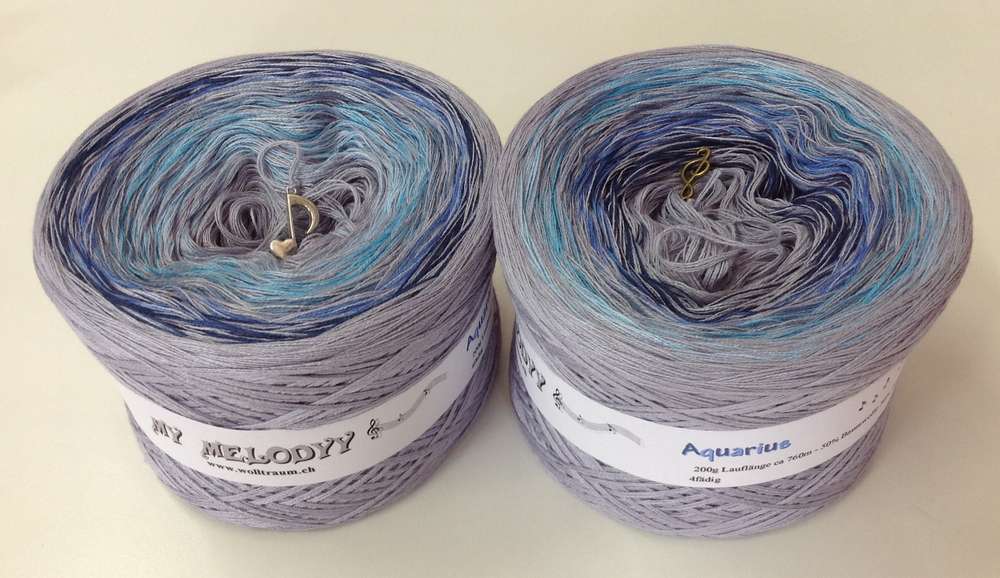 The Wolltraum My Melodyy yarn colourway Aquarius.  It includes shades of blue and a steel grey.