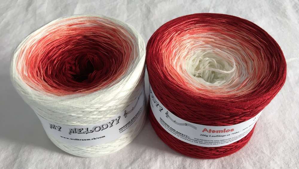The Wolltraum My Melodyy yarn colourway Atemlos.  It has an ombre effect that goes from white to burgandy.