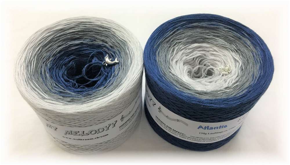 The Wolltraum My Melodyy yarn colourway Atlantis.  It includes shades of grey and a dark blue.