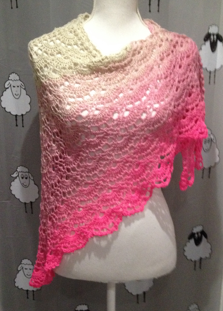 A shawl made with the Wolltraum colourway Barbie Girl.