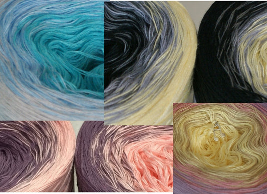 A collage of close-ups of Wolltraum yarn cakes.